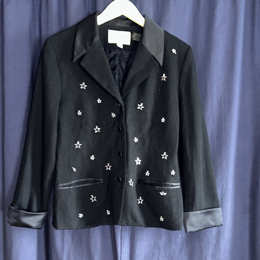 Lord & Taylor black blazer # 12 XL 100 % wool silver star charms